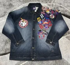 IJ277 激レアデザイン古着リング刺繍ロゴワッペン総柄デニムジャケット