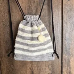 【HM】ナップサック 編み物 かぎ針編み ウィッシュコア 羽 ボーダー W/G