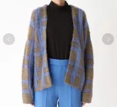 【PORTMAN／ポートマン】チェックシャギーニットカーディガン 青 ニット