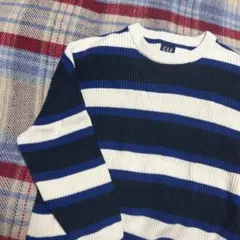 GAP　ニット　セーター　ブルー　ホワイト　ボーダー　クルーネック　ローゲージ