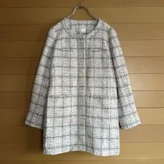 ノーカラー ツイード ロングジャケット パステル ピンク 紫 金ラメ 38 M
