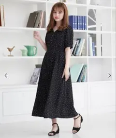 マジェスティックレゴン　ロングワンピ　ドットワンピース　半袖黒Ｓ