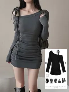GRL ワンショルダーリボンサイドギャザーミニワンピース[ks138]