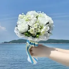 ウェディングブーケ ブートニア ハンドメイド 造花 結婚式 ホワイト グリーン