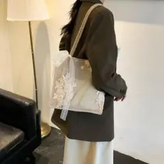 ホワイト　トートバッグ　花柄レース　サブバック　結婚式　上品　韓国　可愛い　白
