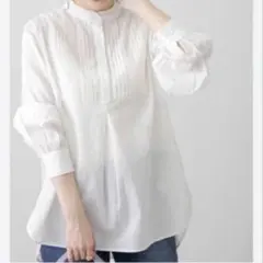 新品　サニーレーベル　スタンドフリルカラーコットンタックドレスシャツ　オフ