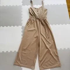 ベージュ サロペット オーバーオール ウエストゴム ボタン付き Mサイズ