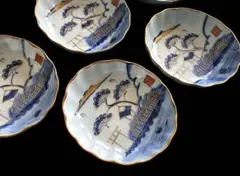 時代物 有田 古伊万里 金彩 染付 風景画 膾皿5客