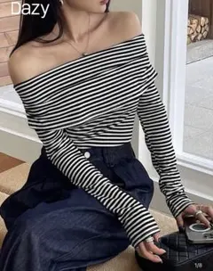 SHEIN Dazy オフショルダー ストライプ 長袖 トップス