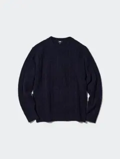 スフレヤーンケーブルクルーネックセーターLサイズネイビー