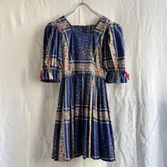 70s- ヴィンテージ 花柄 パッチワーク風 ワンピース ネイビー レトロ