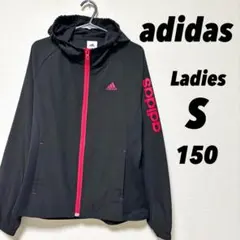 アディダス フード付薄手ウインドブレーカー ジャージ スポーツ レディースS 黒