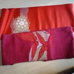 名古屋帯反物 赤 花柄刺繍　蝶柄　リメイク素材