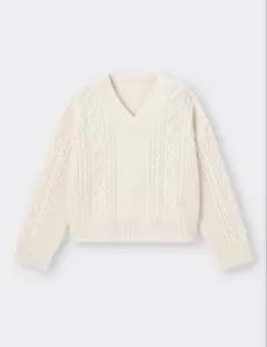 ホワイト ケーブルニット Vネック 長袖　GU