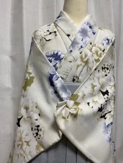 新品しつけ糸 淡い色の花柄 大人女子 紬 着物 白 ホワイト トール 