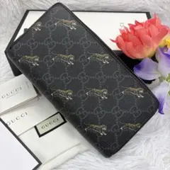 美品✨️ グッチ GGスプリーム ラウンドファスナー 長財布 タイガー