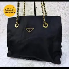 【美品】プラダ　チェーンショルダーバッグ　ゴールド　三角ロゴ　黒　ナイロン