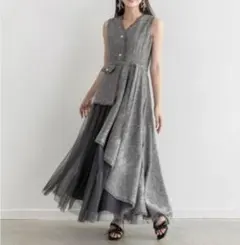 美品 RANDA 25ss ツイード チュールアシンメトリーワンピース グレー