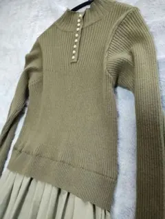 N. エヌドットのニットパールドッキングロングフレアワンピース カーキー M