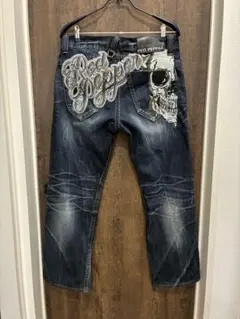 希少 レッドペッパー デニム 34 ドクロ刺繍 ダメージ加工 濃紺 y2k