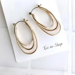 215 ゴールド 3連立体感 フープ ピアス チタンポスト