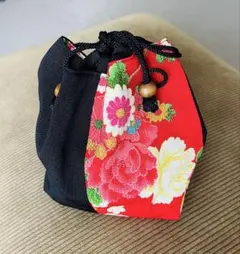 和装用 巾着バッグ 黒×赤 花柄のサムネイル