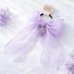 キッズ ヘアゴム 大きめリボン いちごのチャーム付き パープル