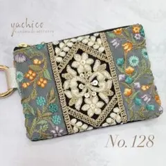 No.128 インド刺繍リボン　ティッシュケースポーチ　カラビナ付　ハンドメイド