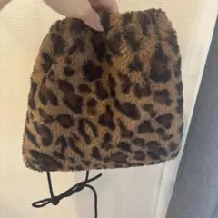 ヒョウ柄ファー巾着ショルダーバッグ