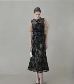 【LEJA】スパンコールフラワーリボンチュールワンピースドレス