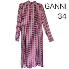 ピンク・ブラックチェック柄長袖ワンピース　ガニー　GANNI 34 ハイネックのサムネイル