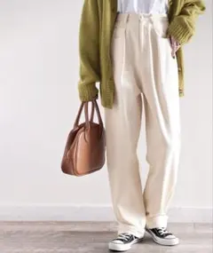 classicalelf ハイウエストデニム＆チノ タックワイドパンツS 白