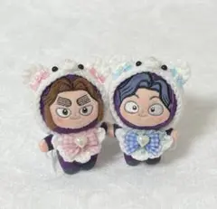 ぬい服　8cm くま耳ボンネット、スタイセット　ピンク&水色　2点