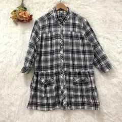 ★フラッシュブルー★七分袖 チェック ぺプラム シャツ 【3L】 チュニック丈