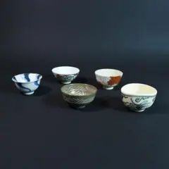 色絵 高台碗 馬上杯形 在銘 5客揃い 赤絵 呉須 古陶磁 茶碗 骨董 色絵 高台碗 馬上杯形 在銘 5客揃い 赤絵 呉須 古陶磁 茶碗 骨董