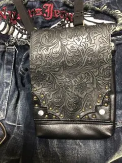 【希少】本革 レザーカービング ポシェット Y2K スカル スタッズ グランジ黒