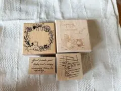 リス、ネコ、文字の木製スタンプセット