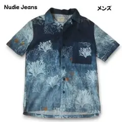 ヌーディージーンズ インディゴ染 半袖シャツ 和柄 Sサイズ相当 美品