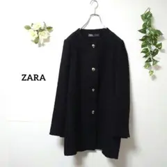 ザラ ノーカラー ツイードコート EUR L ブラック 金ボタン