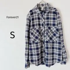 Forever21 チェックシャツ 長袖 ロールアップ カジュアル ネイビー S