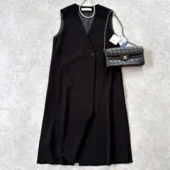 新品 東京ソワール ノーカラー ロング ジレ ベスト ブラック 黒 M 極美品