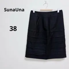 スーナウーナ　ブラック　ひざ丈タイトスカート　ウール　上品　無地　シャーリングのサムネイル