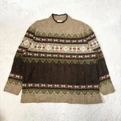 ヴィンテージ ノルディック柄 ニット ブラウン 総柄 ゆるだぼ オーバーサイズ