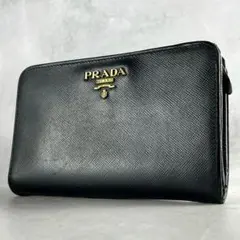 極美品✨プラダ 二つ折り財布 L字ファスナー 金ロゴ サフィアーノ デカロゴ 黒
