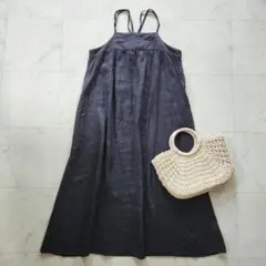 美品 フォグリネンワーク 麻100 マキシ丈 キャミワンピース 黒 リトアニア製