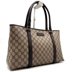 美品 グッチ トートバッグ GG スプリーム ロゴプレート 肩掛け可 ベージュ