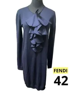 フェンディ FENDI ニット ワンピース フリル ひざ丈 長袖 42 紺