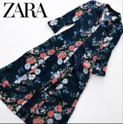 ZARA ザラ　ボタニカル　花柄　マキシ丈　ロングワンピース　ネイビー