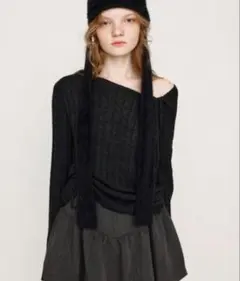 SLY GATHER RIBBON KNIT TOPS ブラック