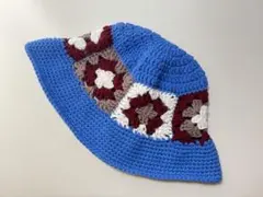 ☆ハンドメイド☆グラニースクエア☆ブルー☆クラッシャーハット☆花☆クロシェハット